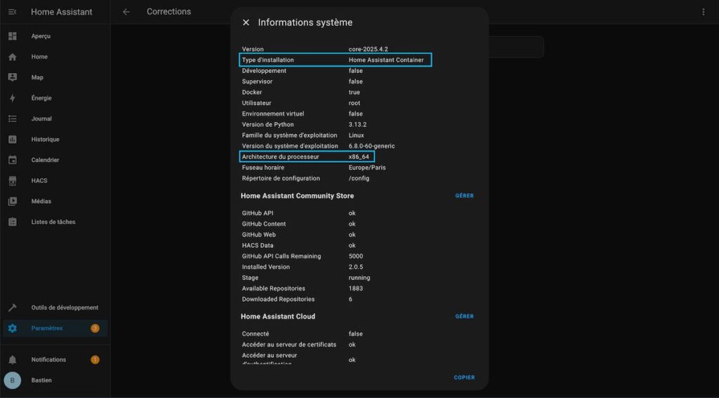 Capture d'écran d'une instance Home-Assistant montrant les informations systèmes