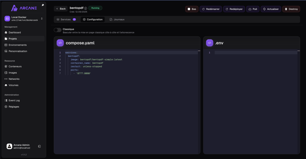 Interface d'administration Arcane montrant un éditeur de code YAML pour un fichier docker-compose configurant le service BentoPDF.