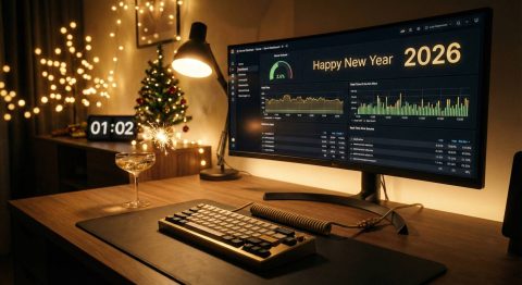 Bureau avec setup HomeLab ambiance réveillon et écran de monitoring, illustrant la rétrospective des top services self-hosted 2025.