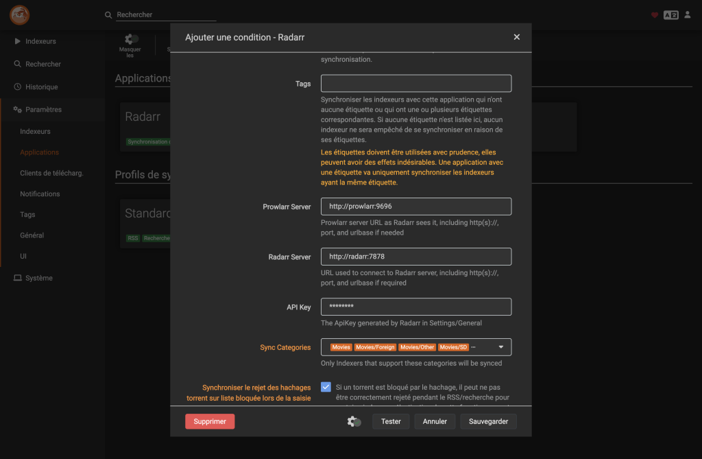 Dashboard Prowlarr : Tous vos trackers gérés au même endroit.