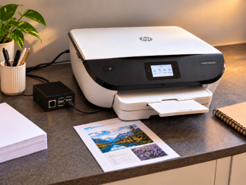 Imprimante HP ENVY Photo 6234 reliée par USB à un Raspberry Pi 3 utilisé comme serveur d’impression réseau.