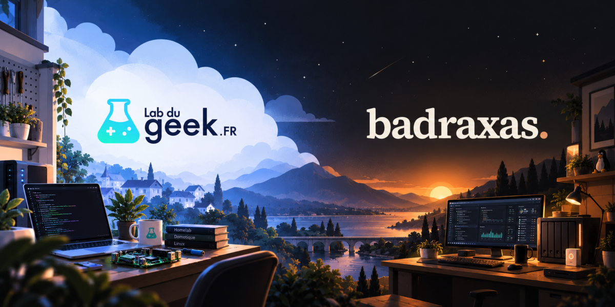 Illustration de la transition de Lab du Geek vers badraxas, entre deux espaces de travail tech, du bleu lumineux aux tons sombres et chaleureux.