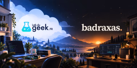 Illustration de la transition de Lab du Geek vers badraxas, entre deux espaces de travail tech, du bleu lumineux aux tons sombres et chaleureux.