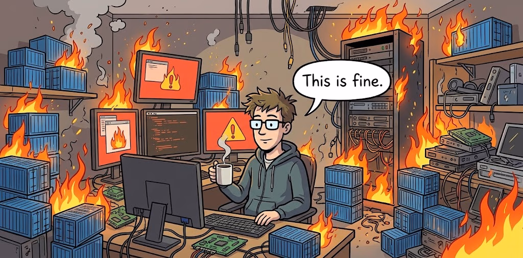 Illustration d'un administrateur serein devant ses conteneurs Docker et ses serveurs en feu, avec la bulle « This is fine ».